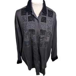 Vtg 90's DD Designs Beaded Patchwork Button Up Shirt~M~Black Oversize Whimsigoth